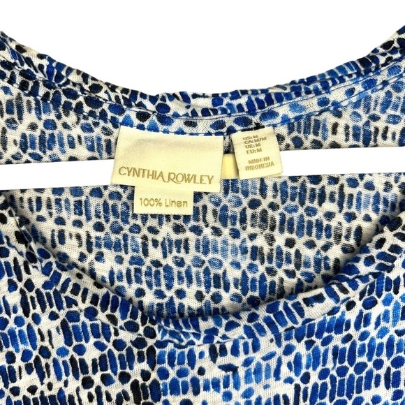 Cynthia Rowley 100% Linen Geometric Tee Blue White Size Medium - Picture 4 of 5